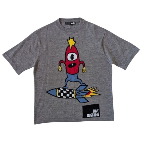 Love Moschino US 6 Wool Grey Knitwear Short Sleeve T-Shirt w/ Rocket Design - Picture 1 of 6